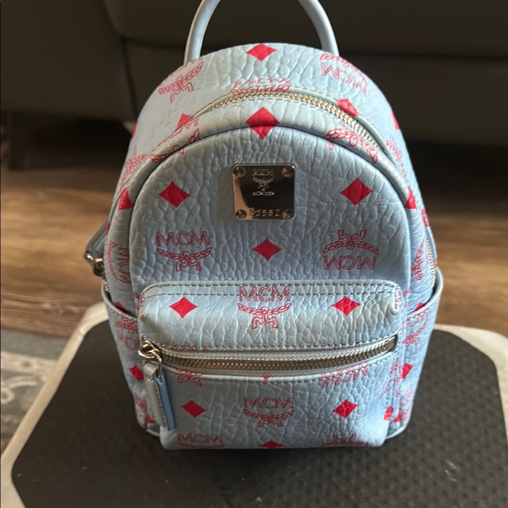 MCM Blue and Red Mini Backpack with Monogram Print